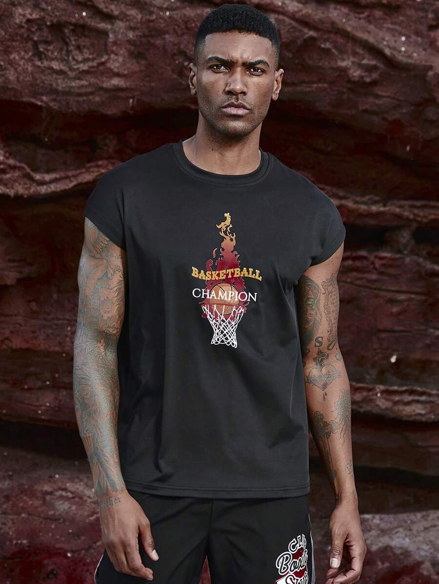 SHEIN Riding 男士籃球印花短袖球衣 - 黑色 - 查看 1