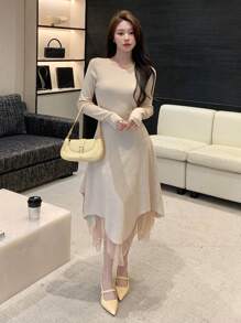 DAZY 女用不對稱下擺修身毛衣洋裝 - 杏色 - 查看 5