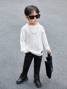 SHEIN 童裝男童圓領超寬鬆休閒毛衣,長袖