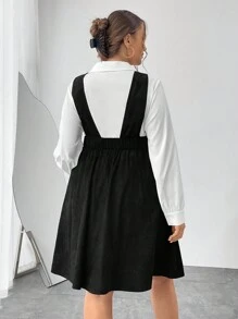 SHEIN Essnce 女款大尺碼純色休閒襯衫紐帶細部吊帶裙兩件套 - 黑與白 - 查看 2