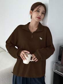 DAZY Của phụ nữ Nửa Zip Kỳ lân In Áo nỉ Với Hood - màu nâu - Xem 3