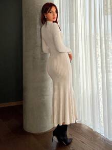 Aloruh Solid Ribbed Knit Mermaid Hem Bodycon Dress - Apricot - View 2