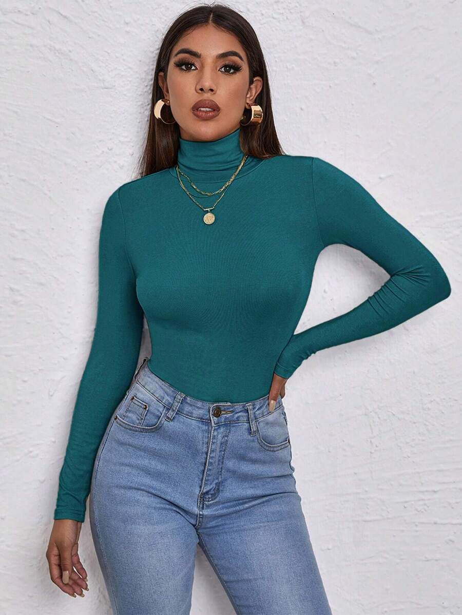 Cloudara High Neck Form Fitted Tee - Dark Green - View 1