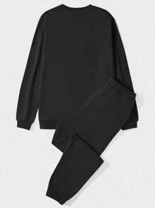 EURMUSE Men Solid Sweatshirt & Drawstring Waist Sweatpants - Dark Grey - View 2