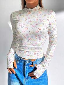 SHEIN EZwear Của phụ nữ Hoạt hình In Đứng cổ áo Thon gọn Áo thun - trắng - Xem 3