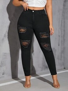 SHEIN SXY Women's Plus Size Distressed Skinny Jeans - Black - View 1