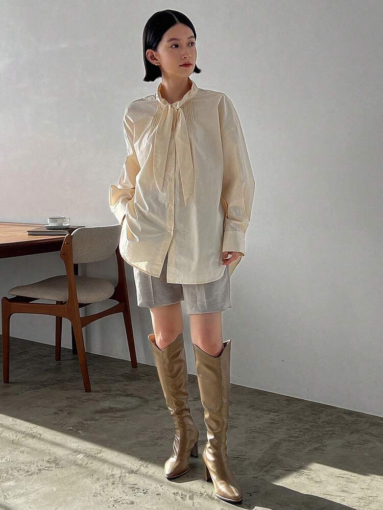 Women's Solid Color Drop-Shoulder Button-Front Knotted Shirt Long Sleeve Top