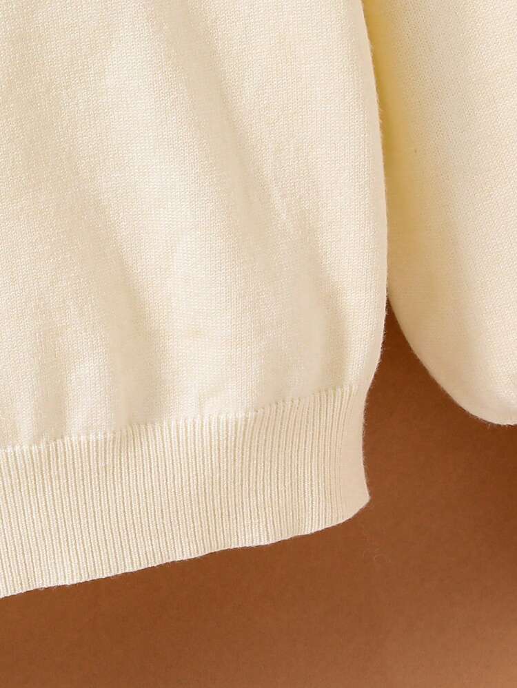 Girls' High Neck Pleated Shoulder Knitted Sweater With Lantern Sleeves