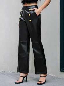Anewsta Women's Double-Breasted Button Decorated Pu Leather Flared Pants - Black - View 1