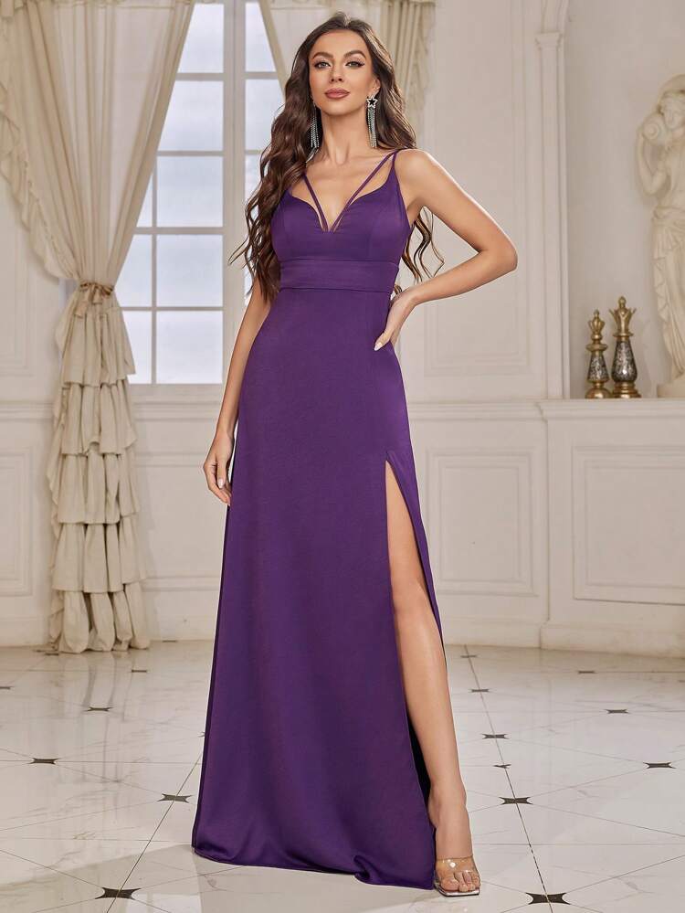 Adult V-neck Bridesmaid Dress With Double Straps & High Slit