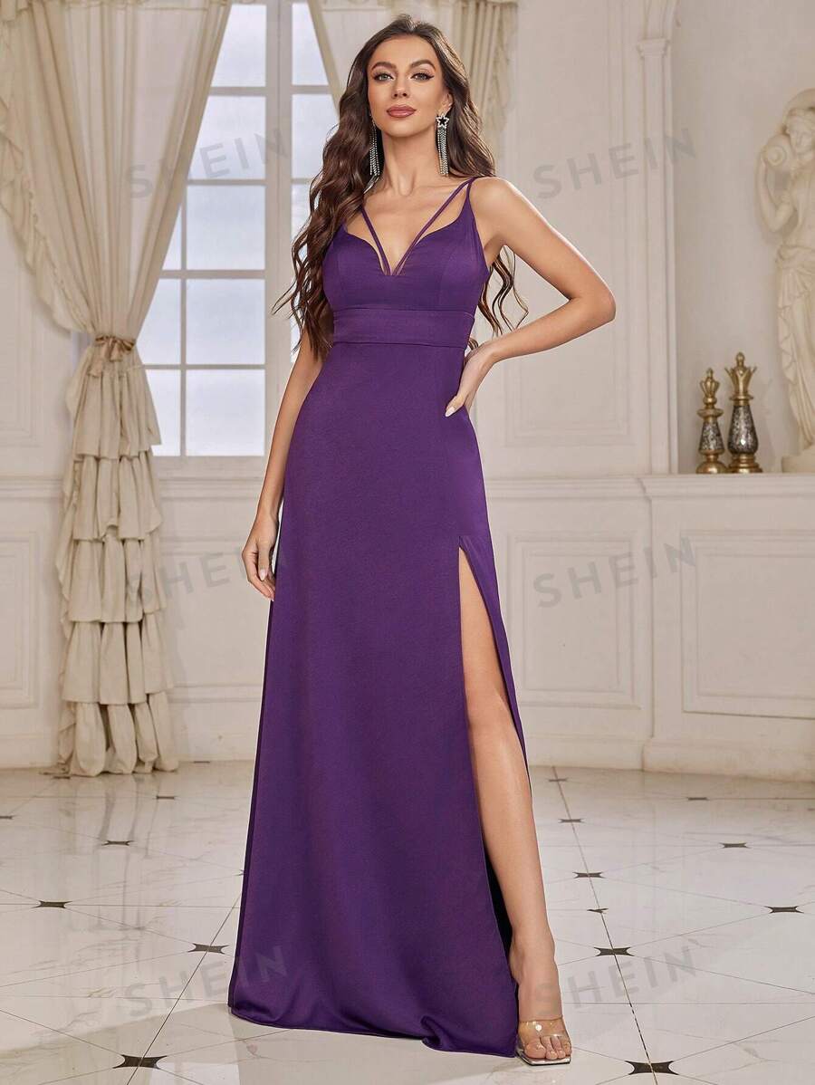 SHEIN Belle Vestido De Dama De Honor Para Adulto Con Cuello En V, Doble Correa Y Abertura Alta