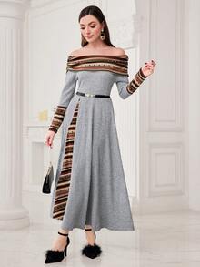 Mulvari Women's Geometric Pattern Off Shoulder Dress - Multicolor - View 5