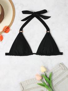 Triangle Cup Halter Neck Bikini Top - Black - View 1