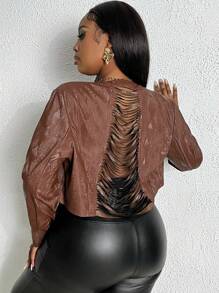 Slaydiva Áo khoác croptop hở lưng rách jacquard in họa tiết da rắn Plus - màu nâu - Xem 1