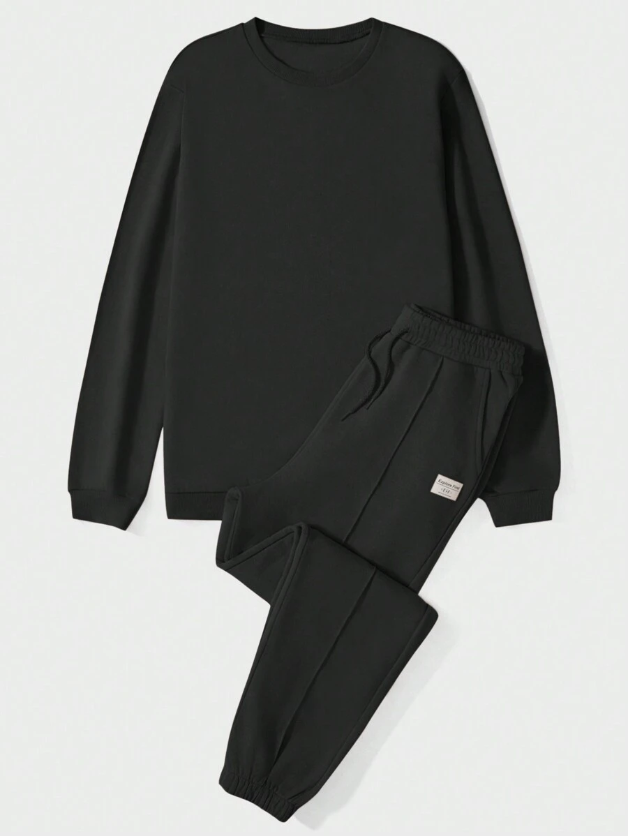 EURMUSE Men Solid Sweatshirt & Drawstring Waist Sweatpants - Dark Grey - View 1