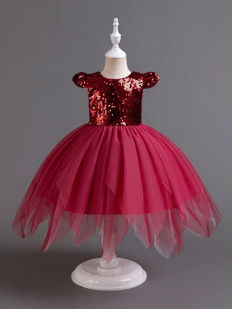 Young Girl Cap Sleeve Sequin Mesh Party Dress With Asymmetrical Hem