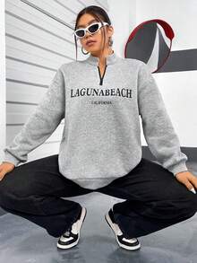 Flirla Sudadera Con Hombros Caídos Y Estampado De Letras De Talla Grande - Gris - Ver 3