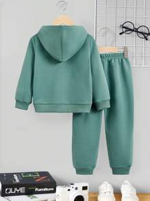 Toddler Boys' Casual Bear & Letter Print Hoodie And Pants Set, Suitable For Autumn And Winter - Green - View 2