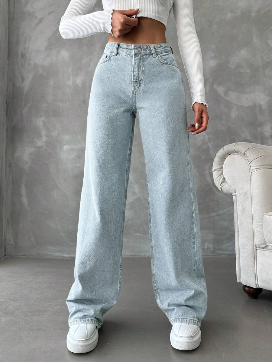 EURMUSE High-Waisted Wide Leg Jeans - Light Wash - View 1