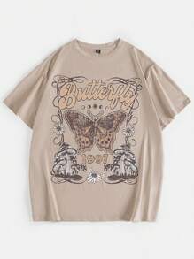 SHEIN EZwear 夏季大码蝴蝶和字母图案落肩 T 恤 - 卡其色 - 查看 4