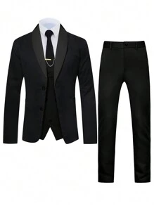 Manfinity Mode Men's Shawl Collar Double Breasted Suit Jacket Vest Pants Set - Black - View 1