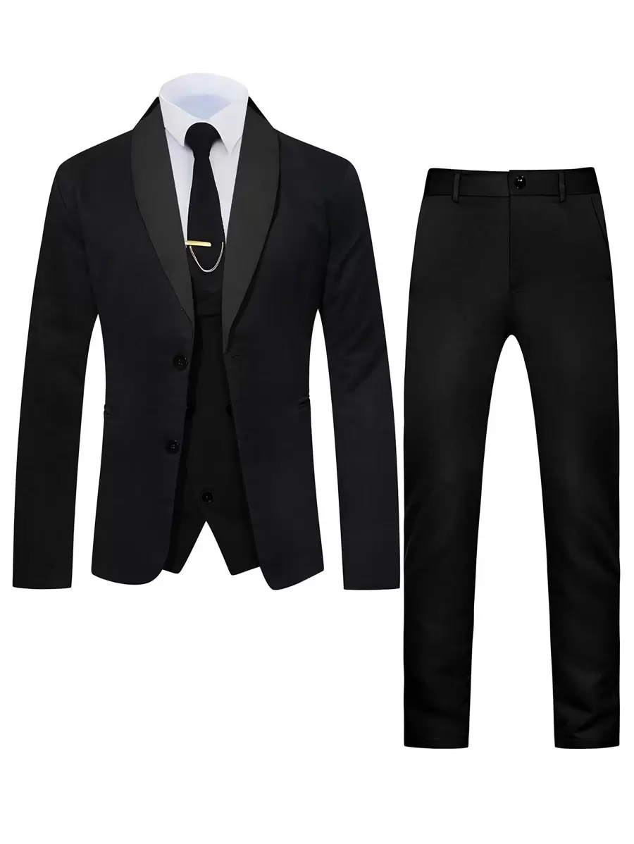 Manfinity Mode Men's Shawl Collar Double Breasted Suit Jacket Vest Pants Set - Black - View 1