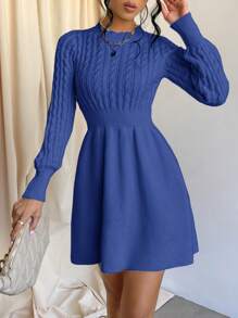 Cloudara Solid Color Cable Knit Sweater Dress - Blue - View 5
