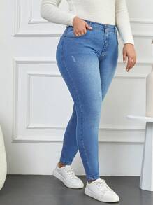 Cloudara Plus Size  High Waist Ripped Skinny Jeans - Blue - View 4