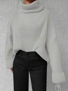 EURMUSE Solid Color Turtleneck Batwing Sleeve Sweater - Beige - View 3