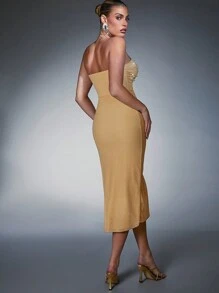 Hauture 仿珍珠镂空开衩连衣裙 - 杏色 - 查看 2