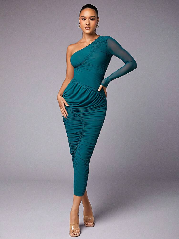 Valentine's Day Green One-Shoulder Off-Shoulder Asymmetric Gathered Long-Sleeved See-Through Sexy Women Dress