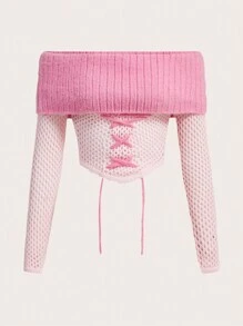 SHEIN ICON 女士色塊折疊交叉後綁帶針織露肩毛衣 - 粉色 - 查看 1