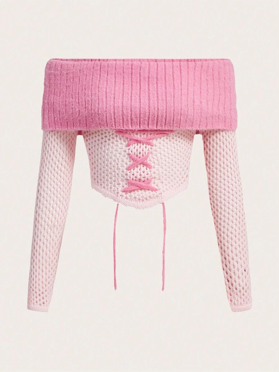 SHEIN ICON 女士色塊折疊交叉後綁帶針織露肩毛衣 - 粉色 - 查看 1