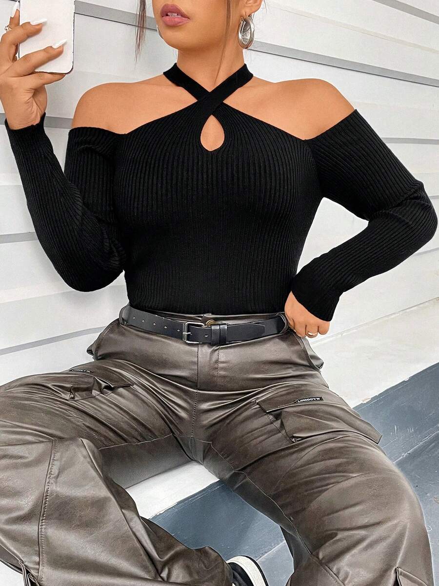 Flirla Của phụ nữ Kích thước lớn Lạnh vai Áo len - màu đen - Xem 1