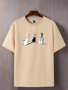 Manfinity Homme 男式加大尺寸貓和吉他印花短袖t恤 - 卡其色 - 查看 3