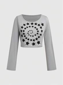 ROMWE Grunge Punk 女士星星印花t恤 - 淺灰色 - 查看 1
