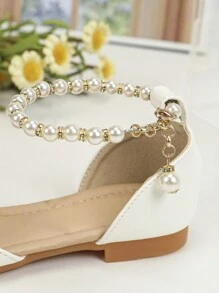 Fashionable Girls' Pointed Toe Flat Shoes For Children And Teenagers, Outdoor Leather Flats, White Pearl Decor Comfortable Casual Shoes - White - View 6
