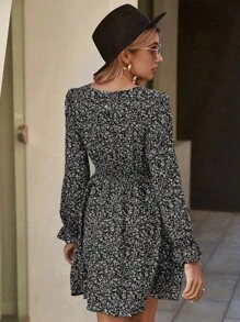 RueChic Ditsy Floral Flounce Sleeve Shirred Waist Dress,Bridgerton - Black - View 2