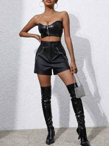 Zolique Màu thuần Quần short Với Đinh tán Đồ trang trí - màu đen - Xem 4