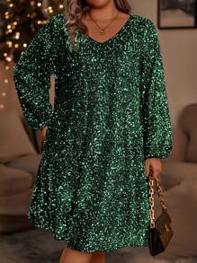 SHEIN Clasi Women's Plus Size Shiny Lantern Sleeve Dress - Green - View 3