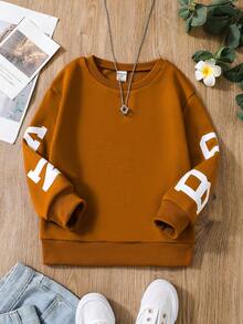 SHEIN Cô gái Vòng cổ Tay áo dài Thả vai Áo nỉ Với In thư , Mùa thu Và Mùa Đông - Cà phê nâu - Xem 2