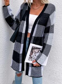 SHEIN LUNE Của phụ nữ Kẻ sọc Thả vai Áo len Mở Với Mở Mặt trước - màu đen - Xem 5