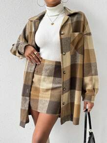 SHEIN Essnce 女士2入組格紋印花鈕扣前長袖外套和a字裙 - 彩色 - 查看 1