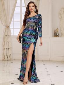 SHEIN Belle Women's Heavy Work Gradient Sequin Fabric One Shoulder Slit Evening Dress With Back Tie Design
