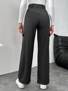 SHEIN Women'S Striped Cargo Suit Pants With Pockets - Grey - View 5