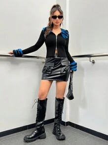 SHEIN ICON سترة نسائية بسحاب مع ياقة وأساور أكمام - الأسود - مشاهدة 3