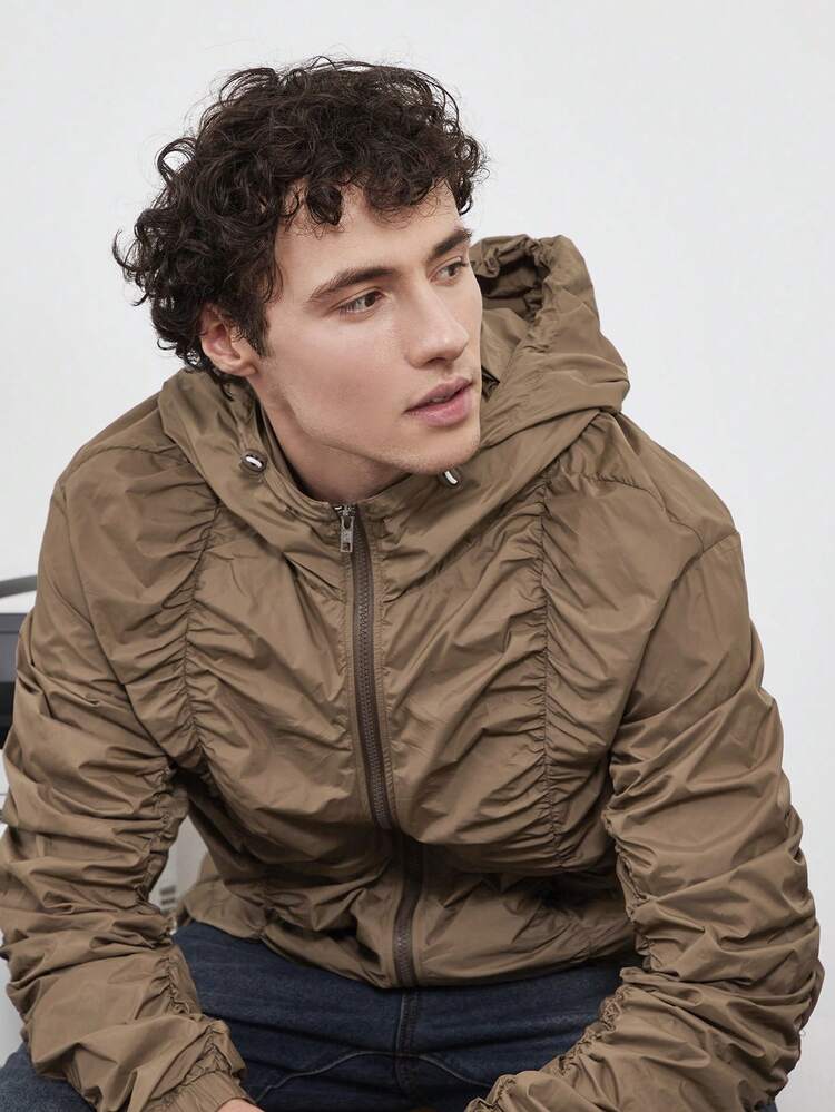 1pc Loose Solid Color Hooded Jacket With Ruched, For Fall Winter