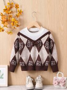 SHEIN Girls' Diamond Pattern Color Block Sweater