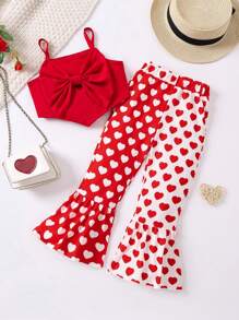 SHEIN 小女孩蝴蝶結裝飾細肩帶背心和愛心喇叭褲套裝