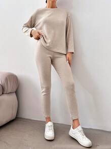 SHEIN Cottnline Women'S Knit Ribbed Drop Shoulder Top And Pants Set - Apricot - View 5
